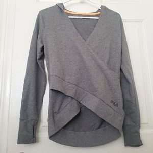 Fila V Neck Wrap Front Spell Out Hoodie Gray S